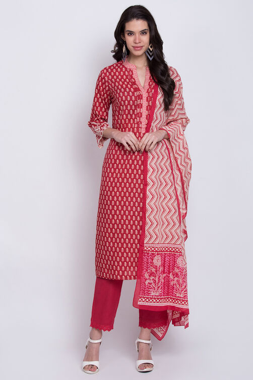 Red Cotton Straight Kurta Pant Suit Set image number 0