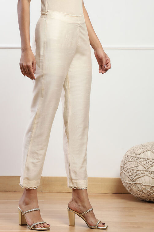 Antique Beige Polyester Slim Yarndyed Pants image number 3