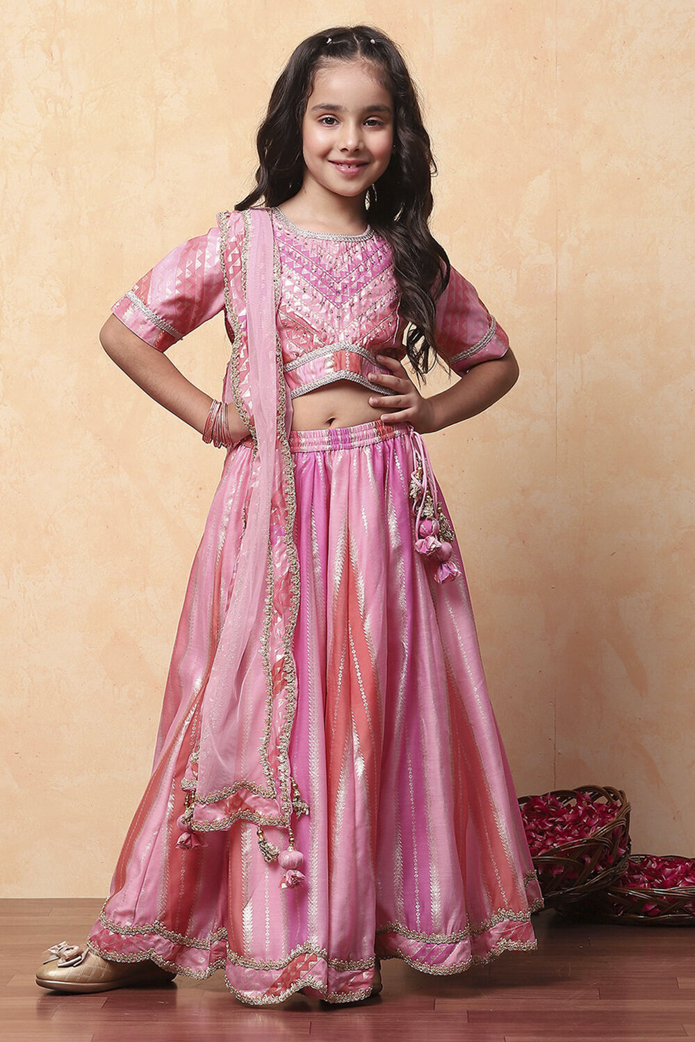 Pink Poly Chanderi Printed Flared Festive Lehenga Set image number 6
