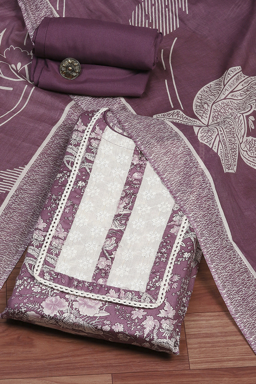 Purple Cotton Floral Printed Unstitched Suit Set image number 0