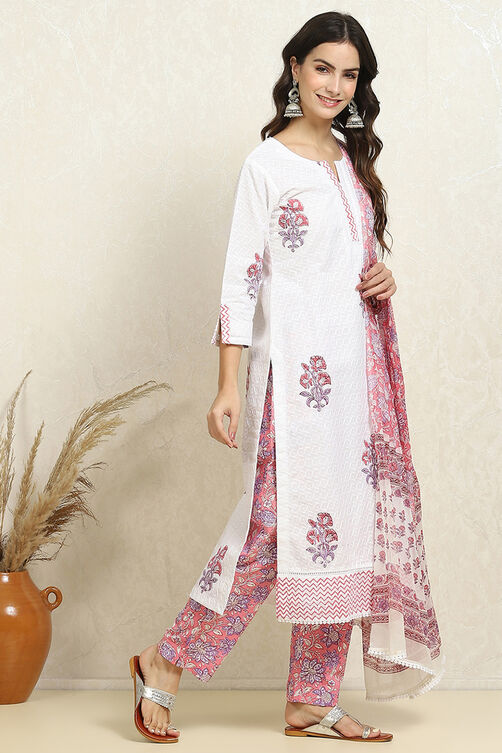 White and Pink Cotton Floral Hand Block Unstitched Suit Set image number 6