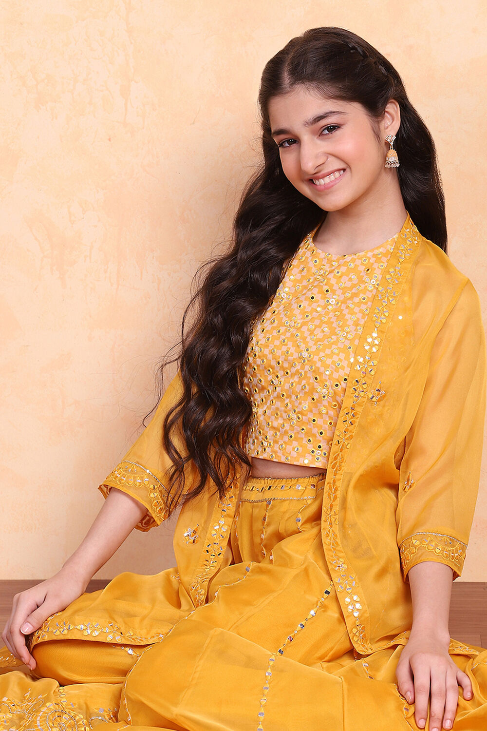 Yellow Printed Festive Fusion Set image number 8