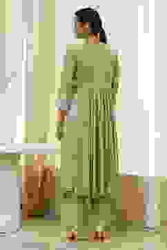 Olive Green Embroidered Gathered Suit Set image number 4