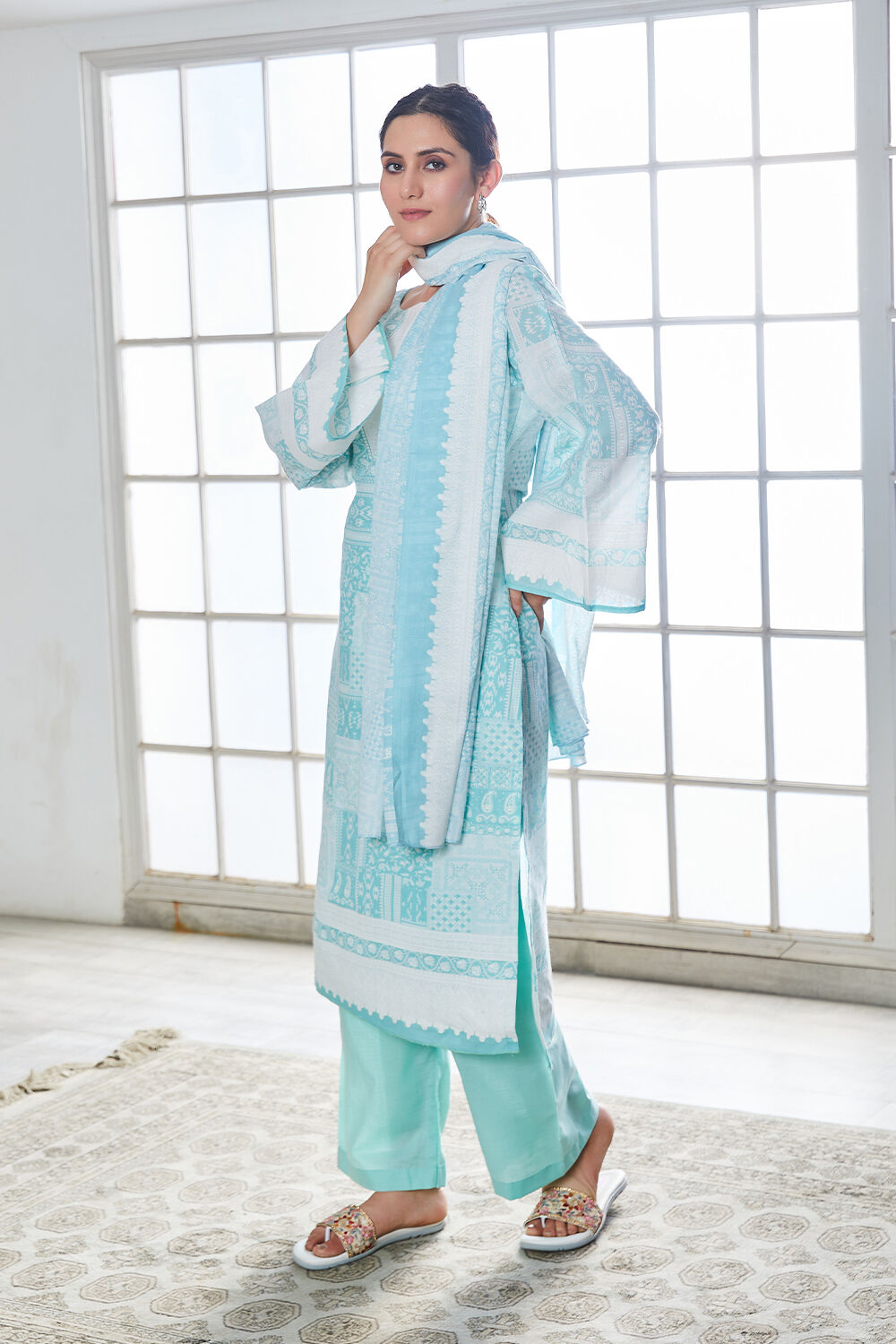 Blue Cotton Blend Digital Print Unstitched Suit Set  image number 2