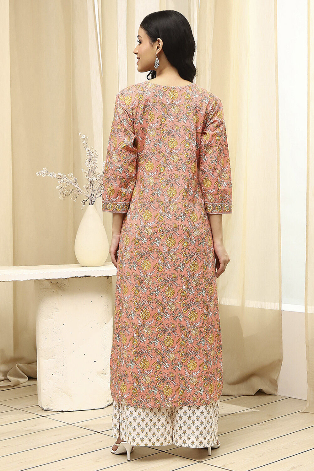 Peach and White Cotton Screen Print Unstitched Suit Set image number 6