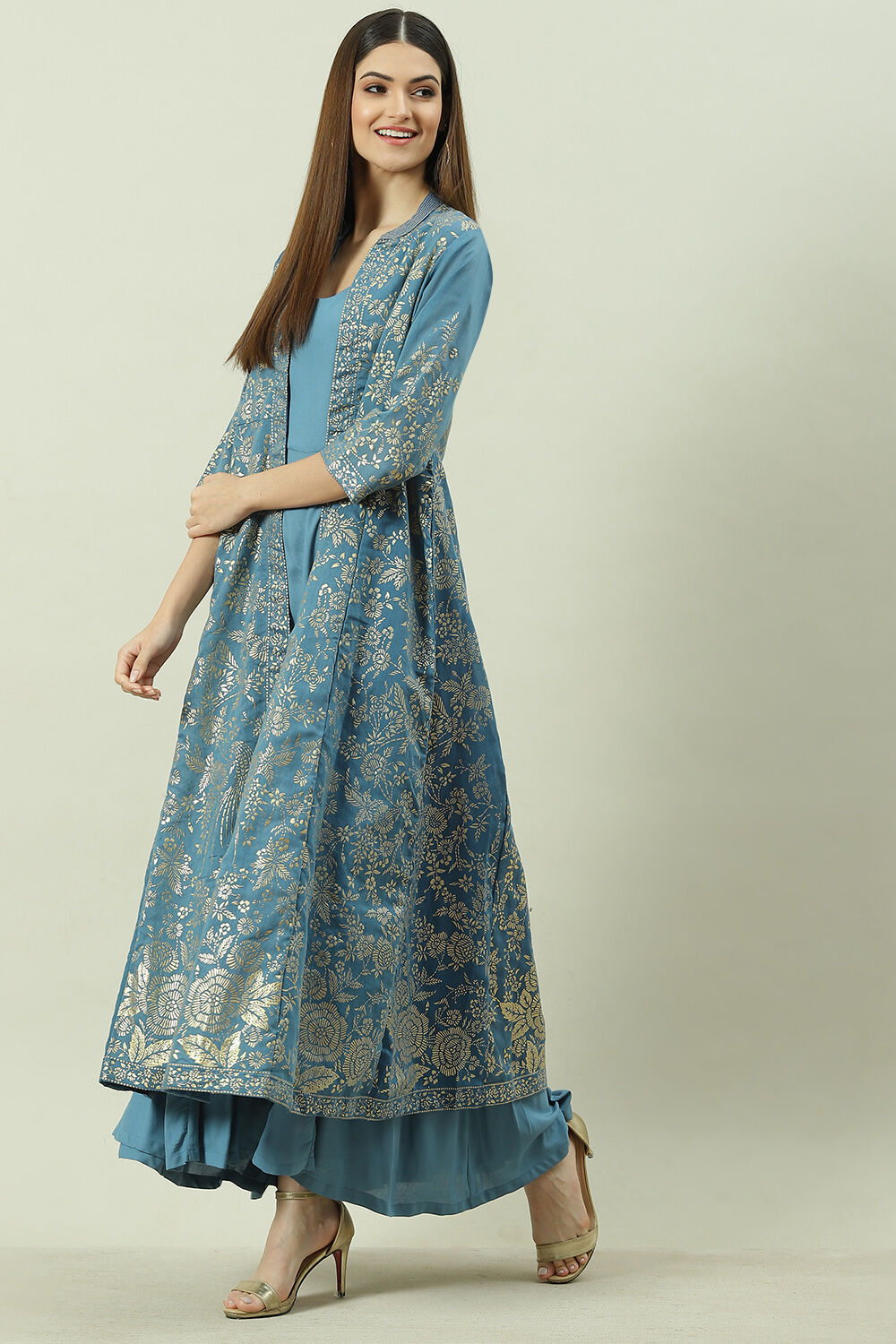 Charcoal Art Silk with Cape Printed Dress image number 5