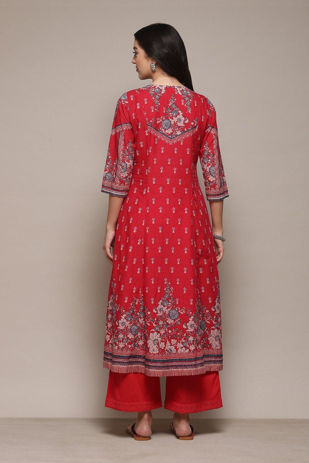Red Cambric Kalidar Printed Kurta Palazzo Suit Set image number 5
