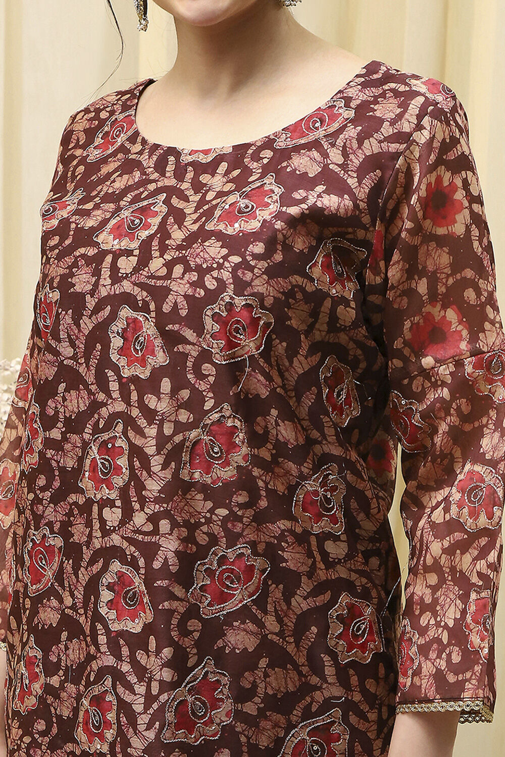 Maroon Chanderi Printed Embroidered Unstitched Suit Set image number 2