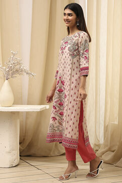 Beige Cotton Printed Straight Kurta image number 2