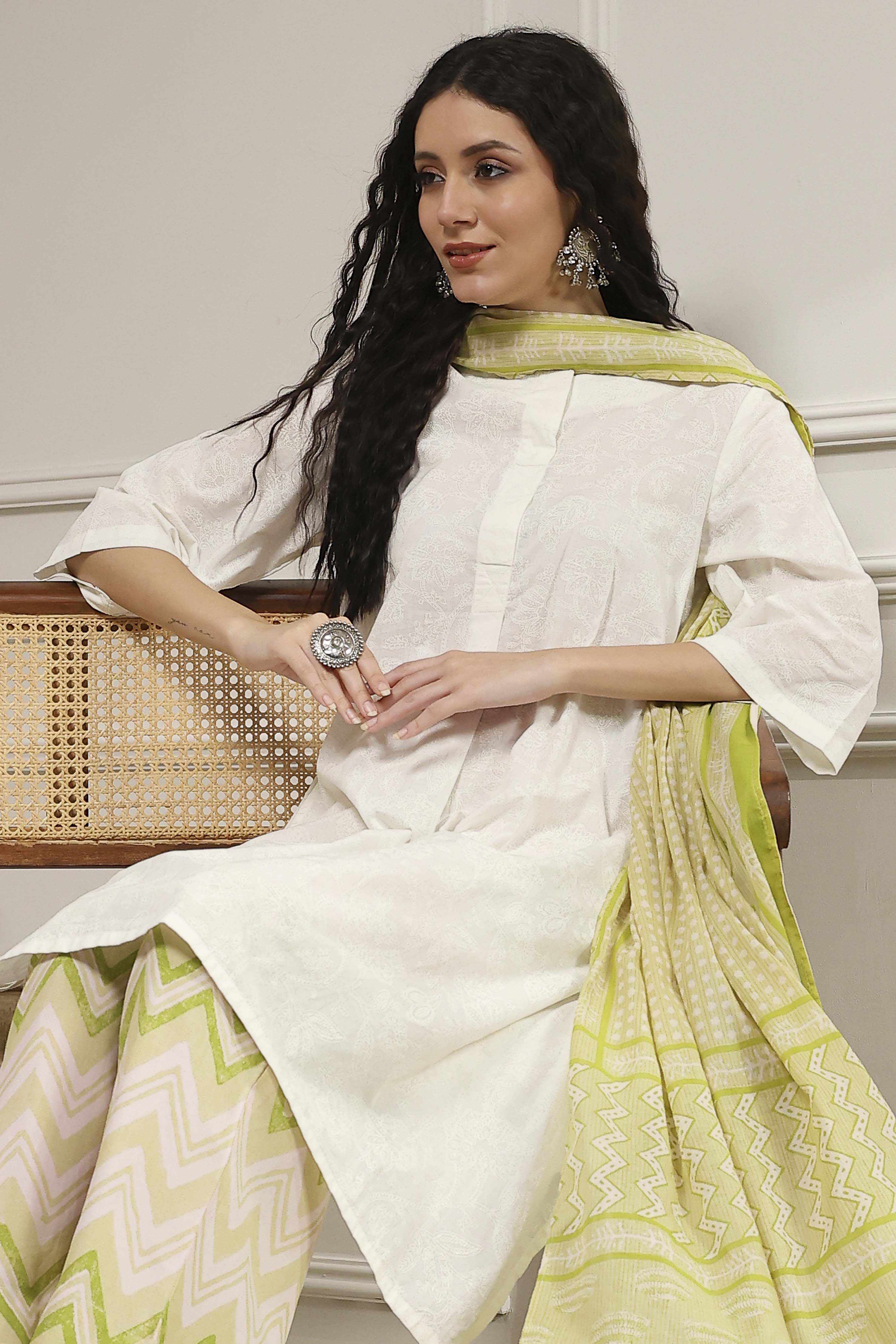 Blue and White Cotton Straight Suit Set image number 0