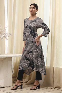 Charcoal Floral Printed Straight Kurta image number 2