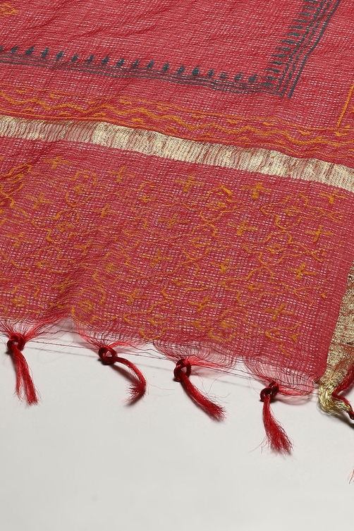 Yellow Cotton Hand Block Print Unstitched Suit Set image number 4