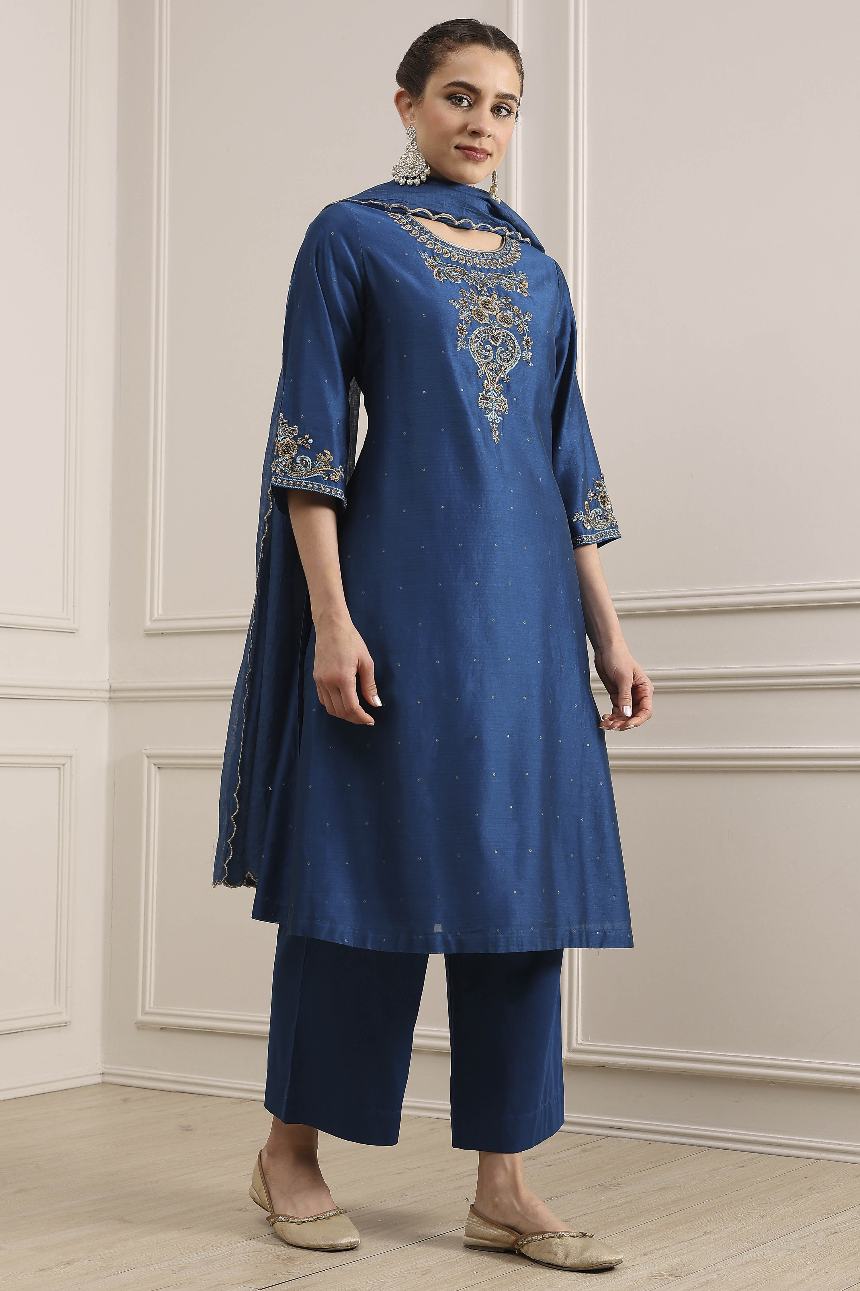 Blue Chanderi Embroidered Straight Suit Set image number 5