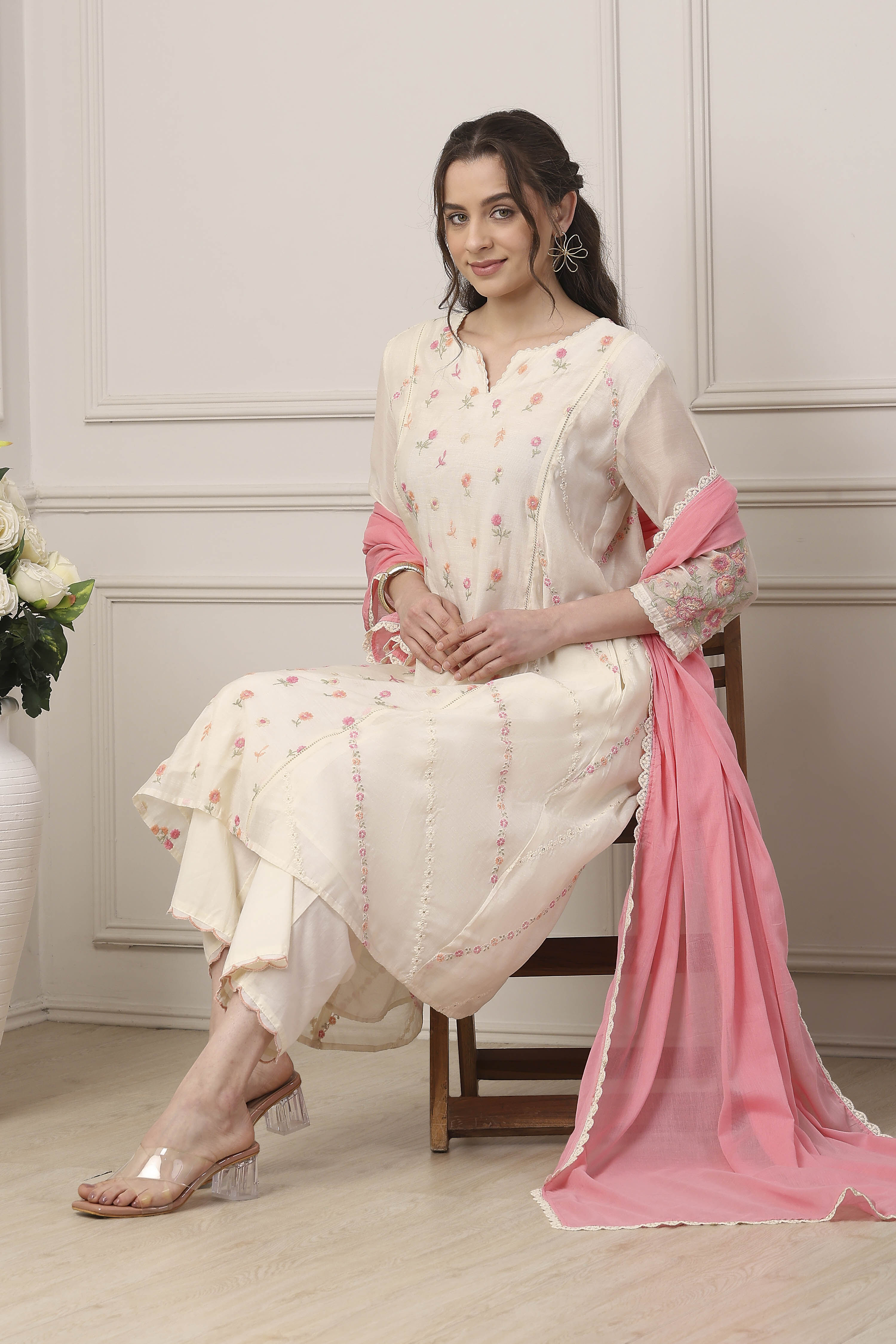 White Poly Chanderi Kalidar Suit Set image number 0