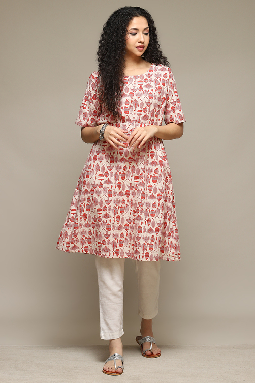 Coral Red Rayon Straight Printed Kurta image number 5