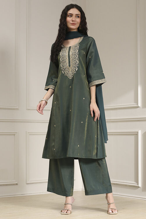 Green Viscose Rayon Straight Solid Suit Set image number 5