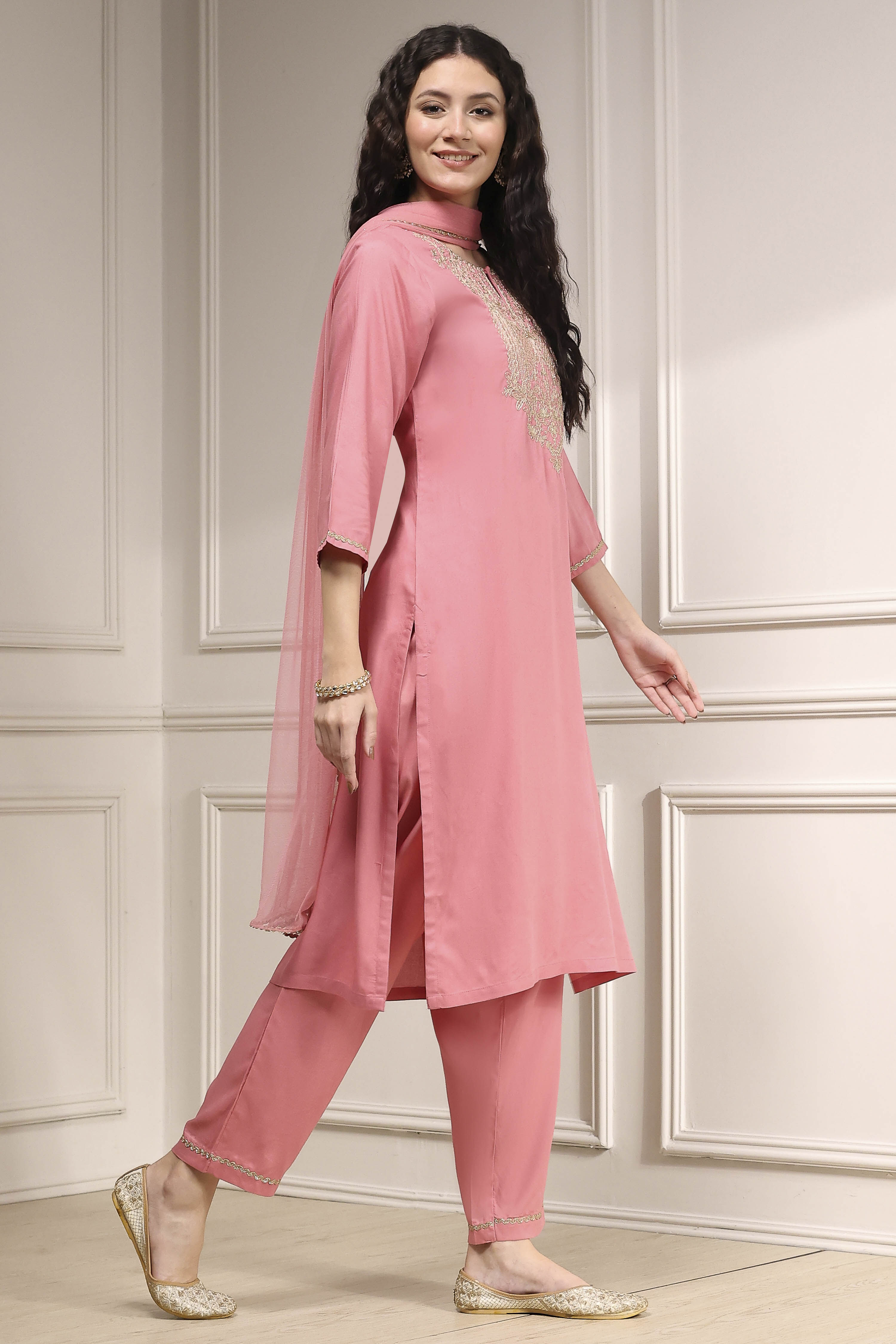 Pink Embroidered Straight Suit Set image number 5