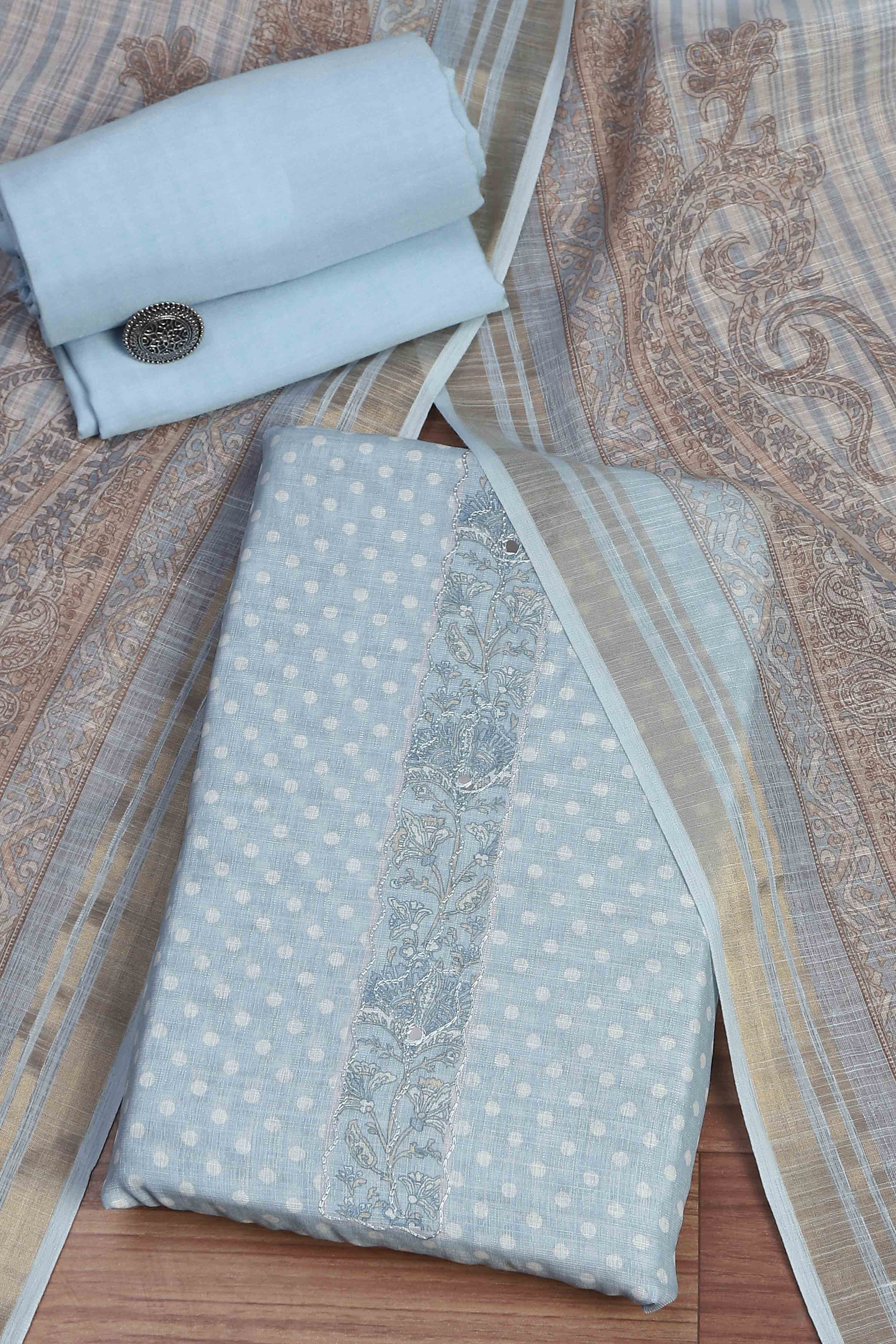 Sky Blue Linen Unstitched Suit Set image number 0