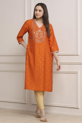 BIBA Viscose Polyester Printed Festive Straight Kurta Orange in Orange