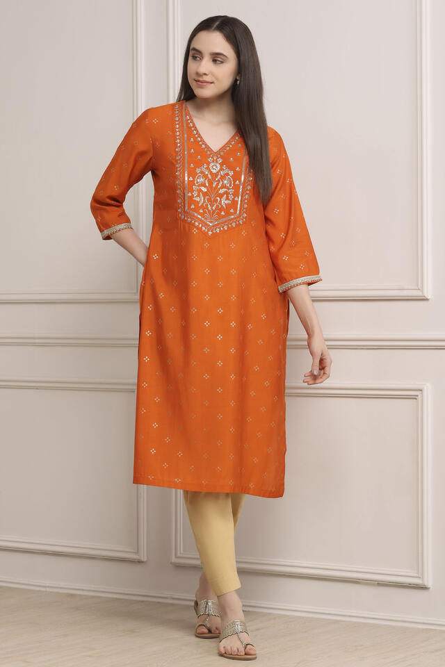 BIBA Viscose Polyester Printed Festive Straight Kurta Orange in Orange