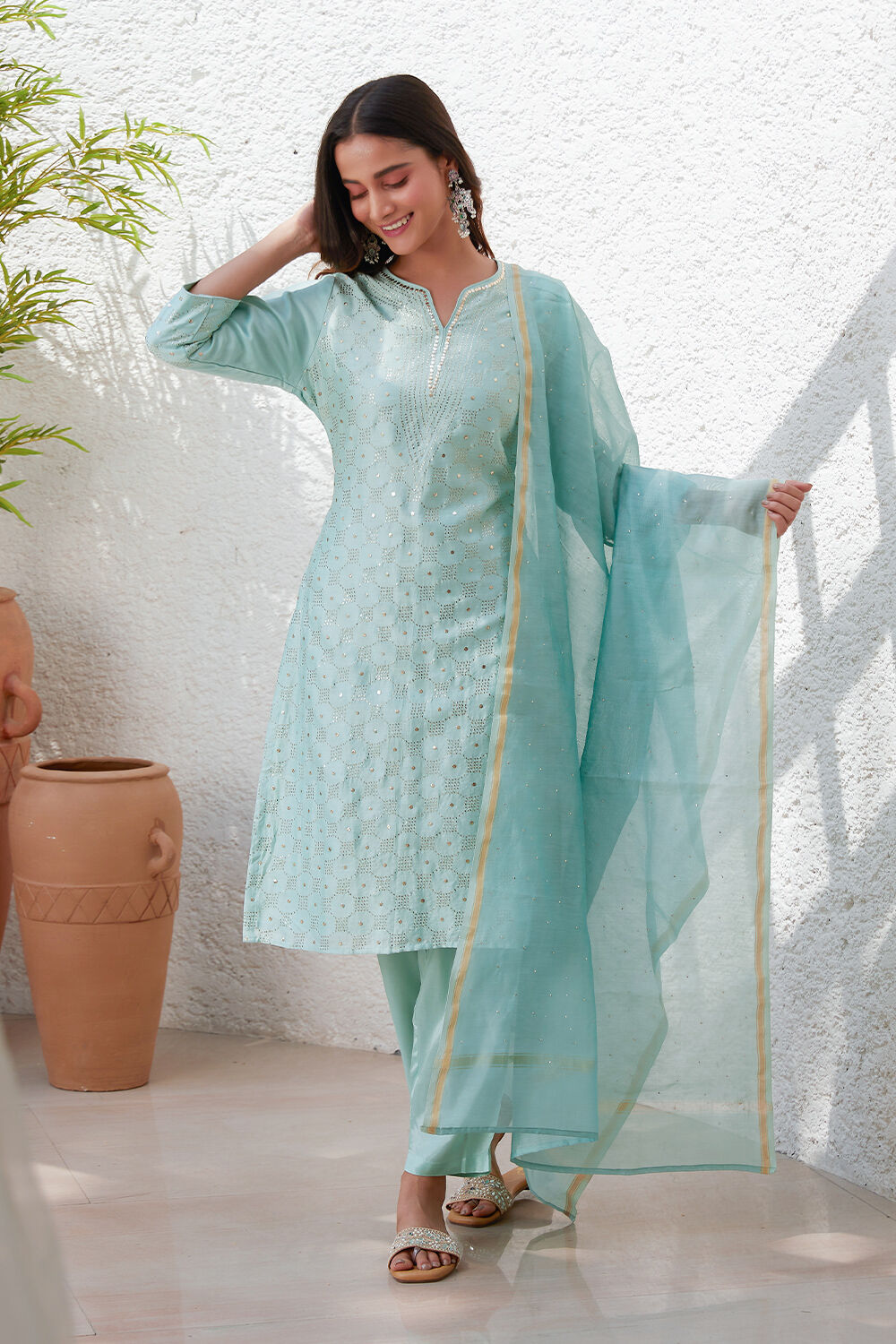 Pink Yard-Dyed Chanderi Kurta & Pants Suit Set image number 3