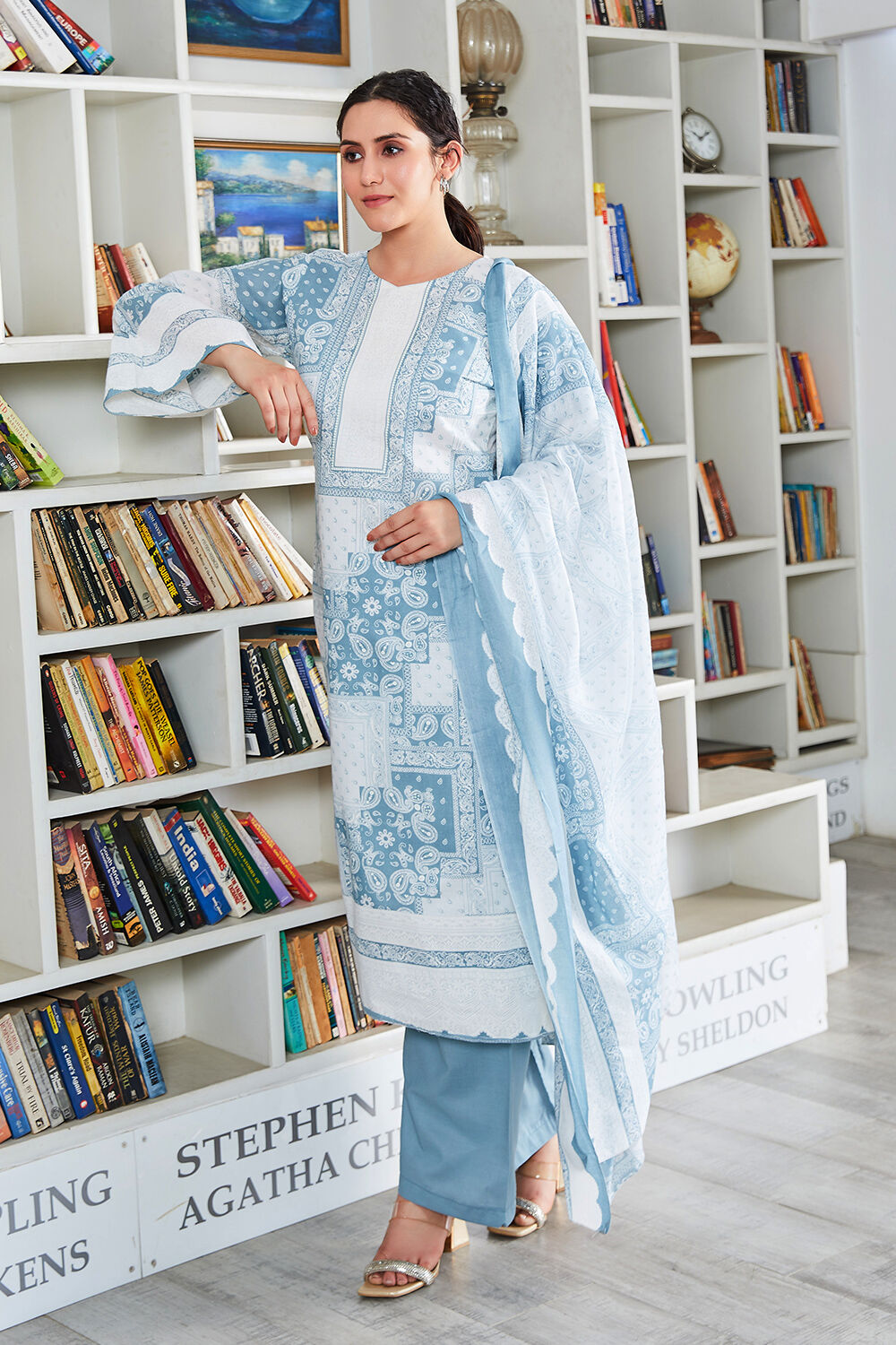 Blue Cotton Blend Digital Print Unstitched Suit Set  image number 0