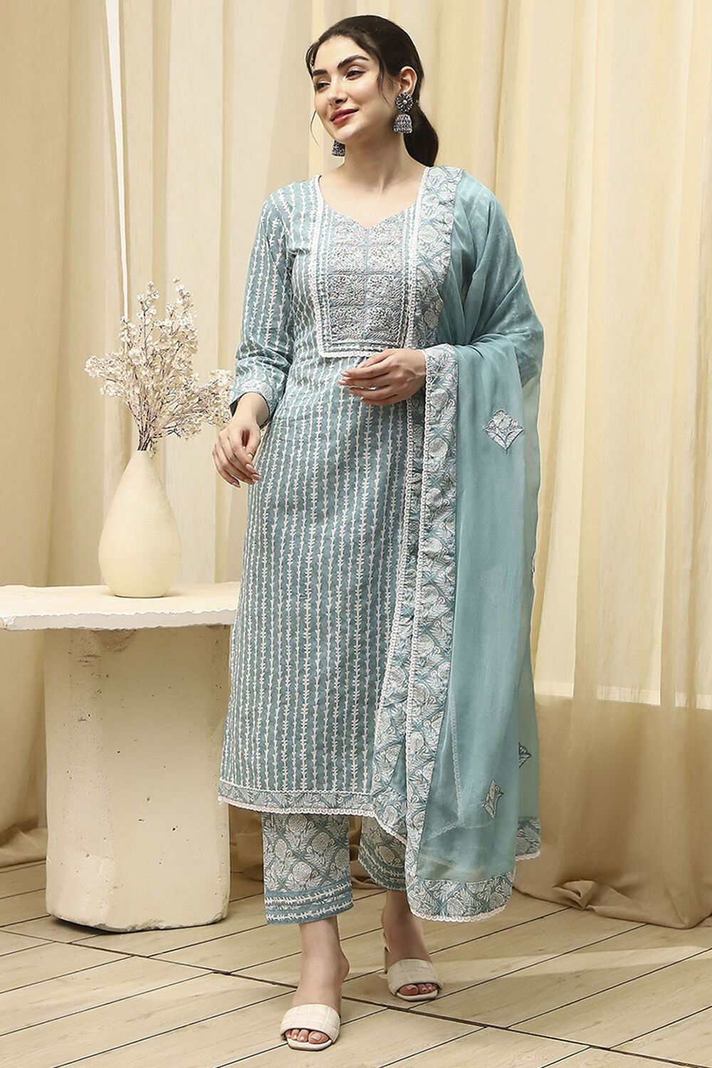 Teal Cotton Printed Unstitched Suit Set image number 1