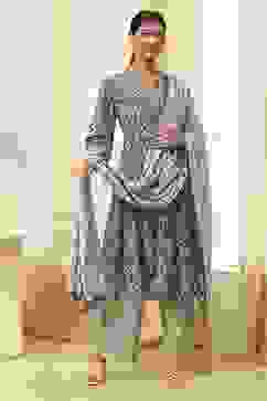 Indigo Cotton Printed Gathered Suit Set image number 6