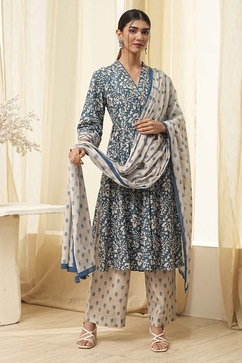 Indigo Cotton Printed Gathered Suit Set image number 6