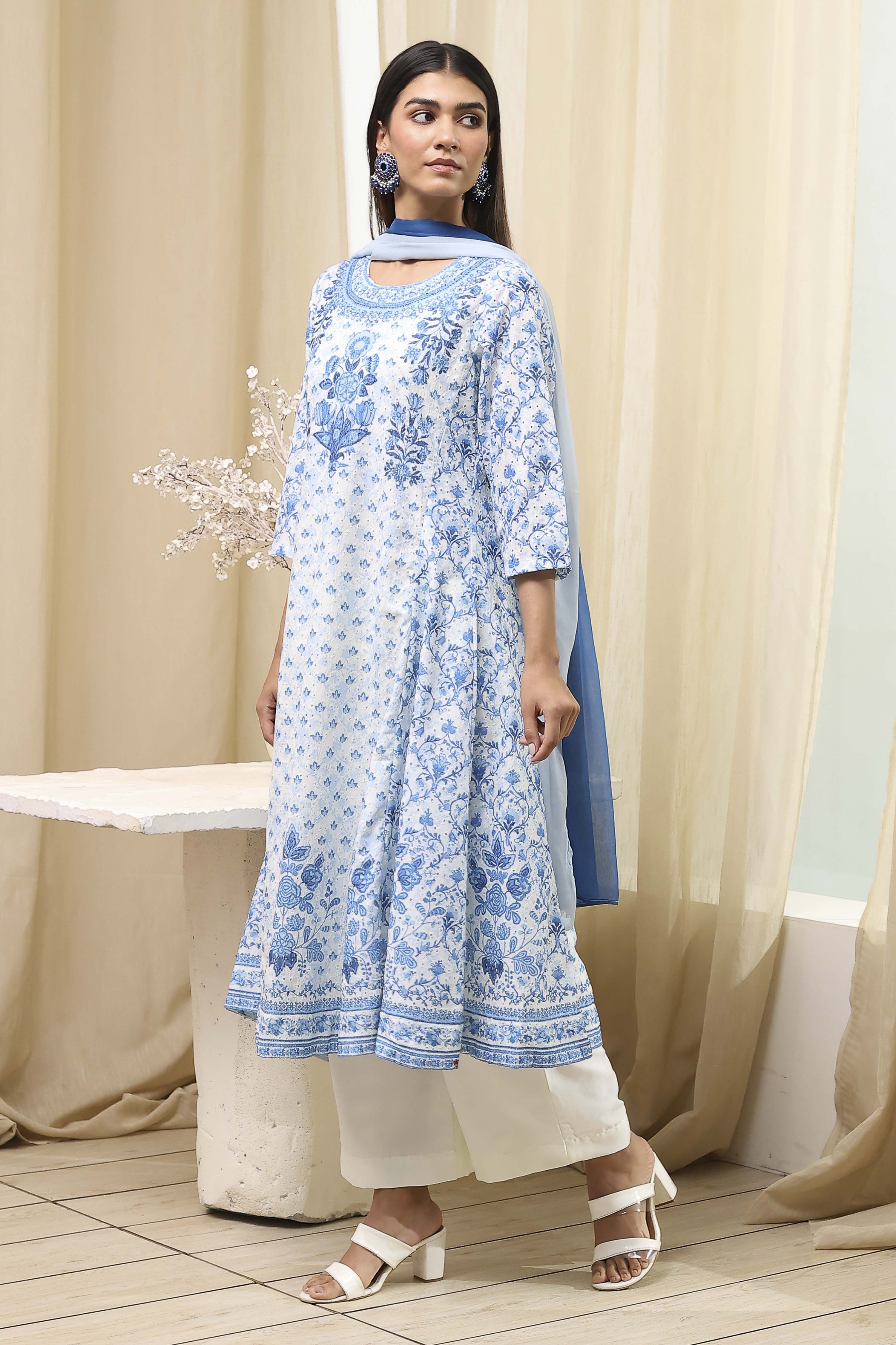 Off-White and Blue Cotton Floral Kalidar Suit Set image number 3