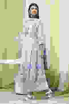 Off-White and Blue Cotton Floral Kalidar Suit Set image number 3