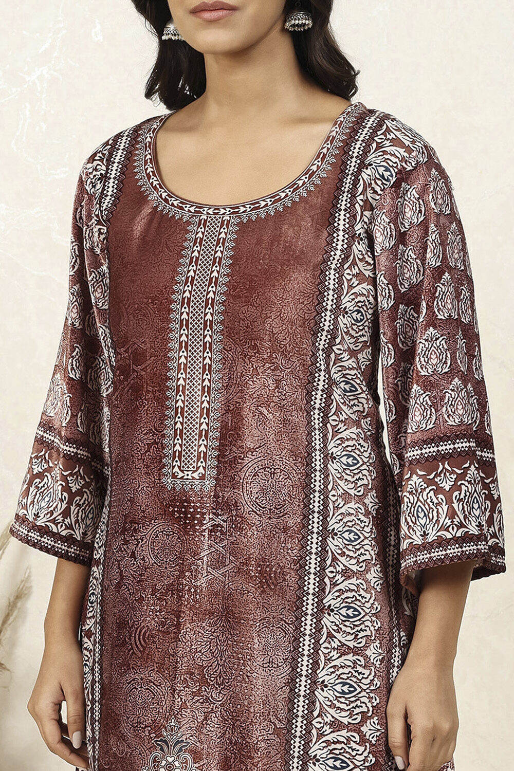 Rust Velvet Digital Print Unstitched Suit Set image number 2