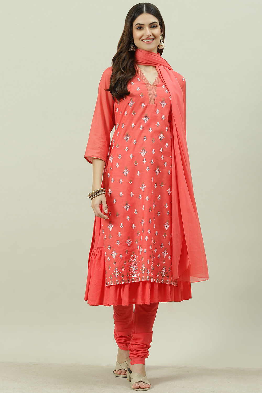 Coral Printed Layered Kurta Churidar Suit Set image number 0