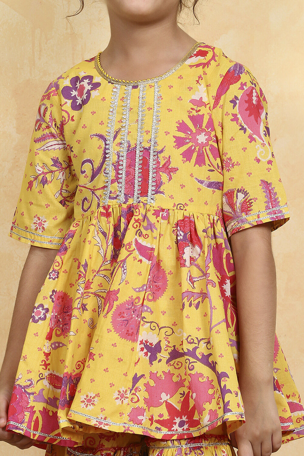 Yellow Cotton Printed Kalidar Sharara Suit Set image number 1