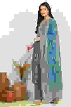 Teal Linen Digital Print Unstitched Suit Set image number 4