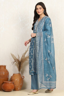 Teal Linen Blend Digital Print Unstitched Suit Set image number 4