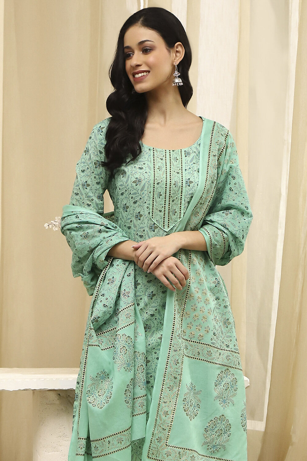 Green Cotton Screen Print Unstitched Suit Set image number 8