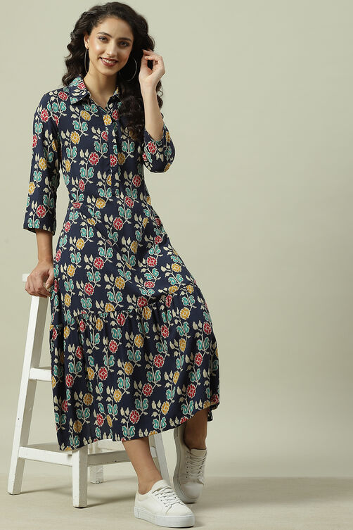 Navy Rayon A-Line Printed Dress image number 0
