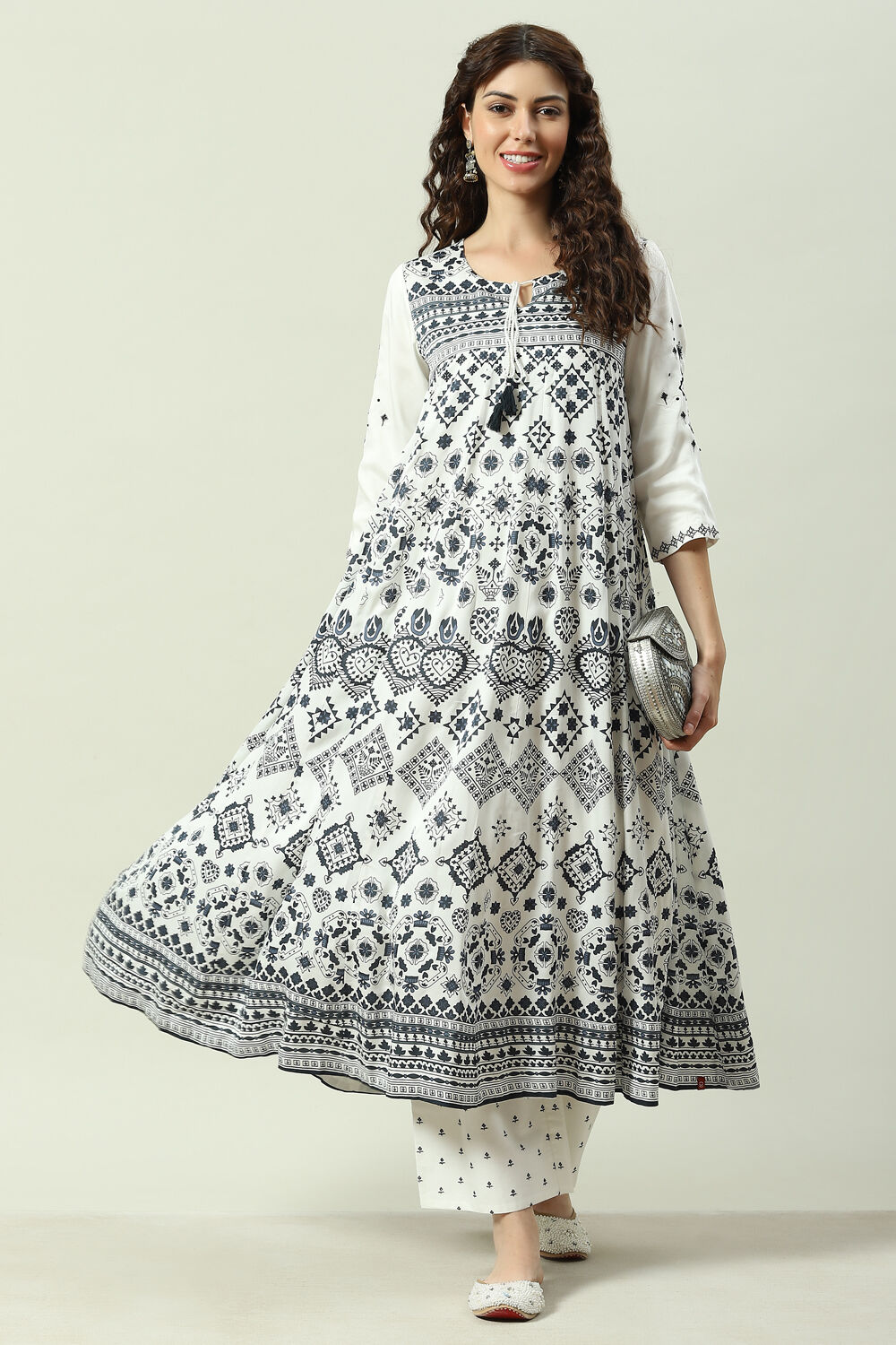 Black And White Viscose Flared Kurta Set image number 0