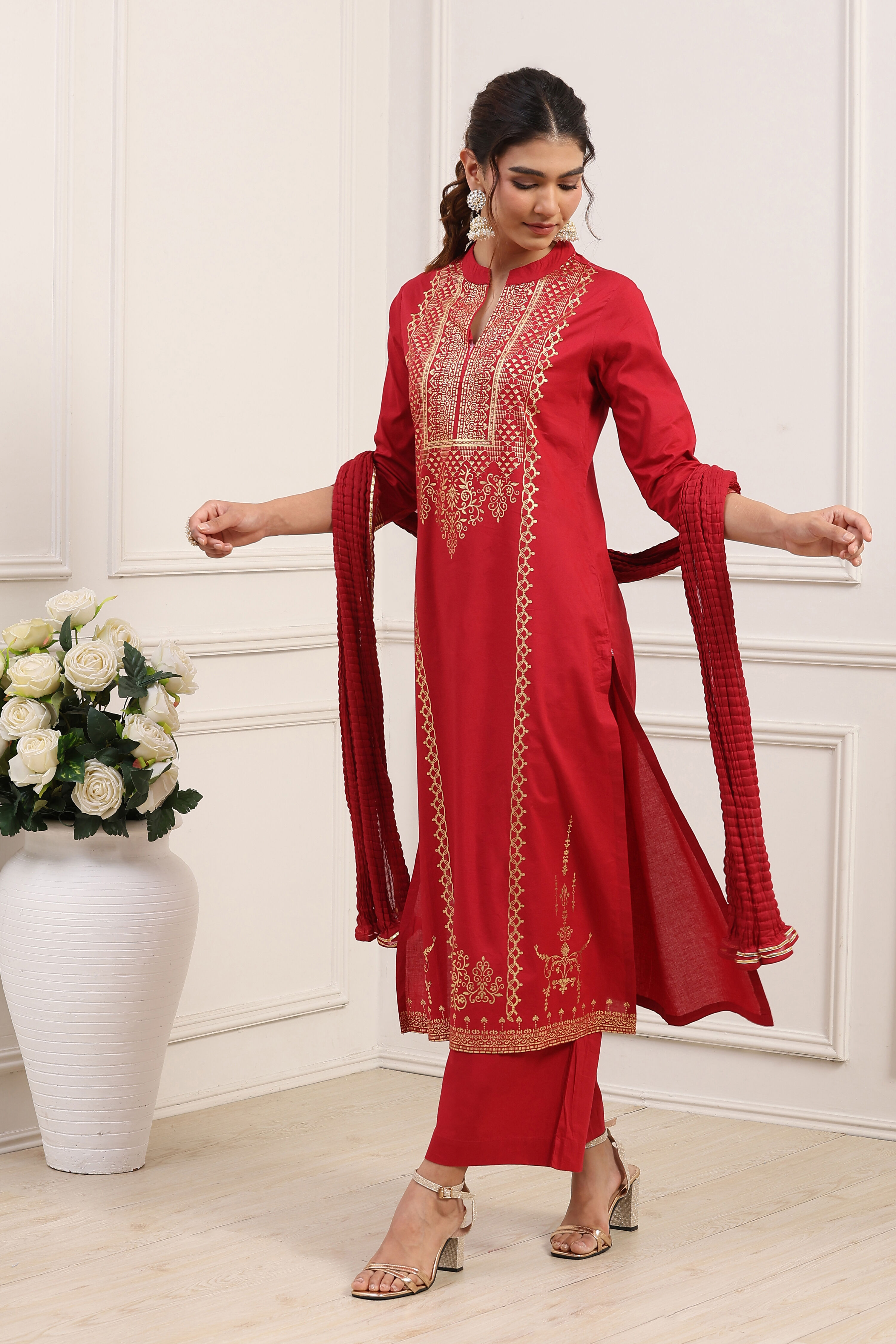 Navy Cotton Straight Kurta Palazzo Suit Set image number 3