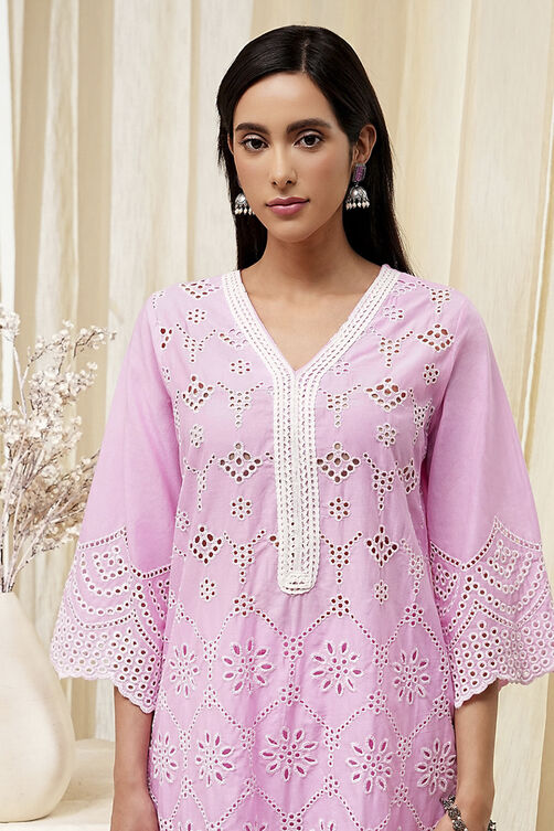 Pink Cotton Schiffli Straight Suit Set image number 1