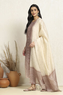 Brown and Off-White Chanderi Woven Unstitched Suit Set image number 4