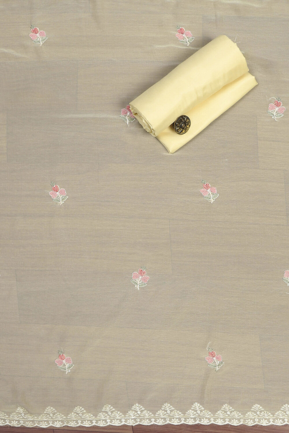 Yellow Chanderi Blend Unstitched Suit Set image number 2