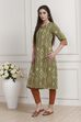 Green Cotton Printed Straight Kurta image number 2
