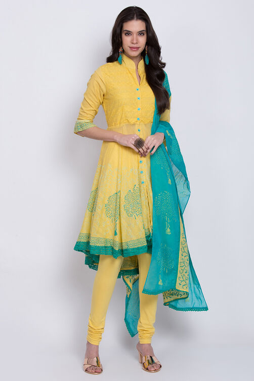 Yellow Cotton Asymmetric Kurta Churidar Suit Set image number 0