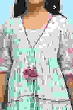 Green Cotton Printed Tiered Suit Set image number 1