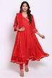 Red Metallic Cotton Anarkali Kurta Churidar Suit Set image number 0