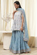 White and Blue Cotton Floral Flared Suit Set image number 3