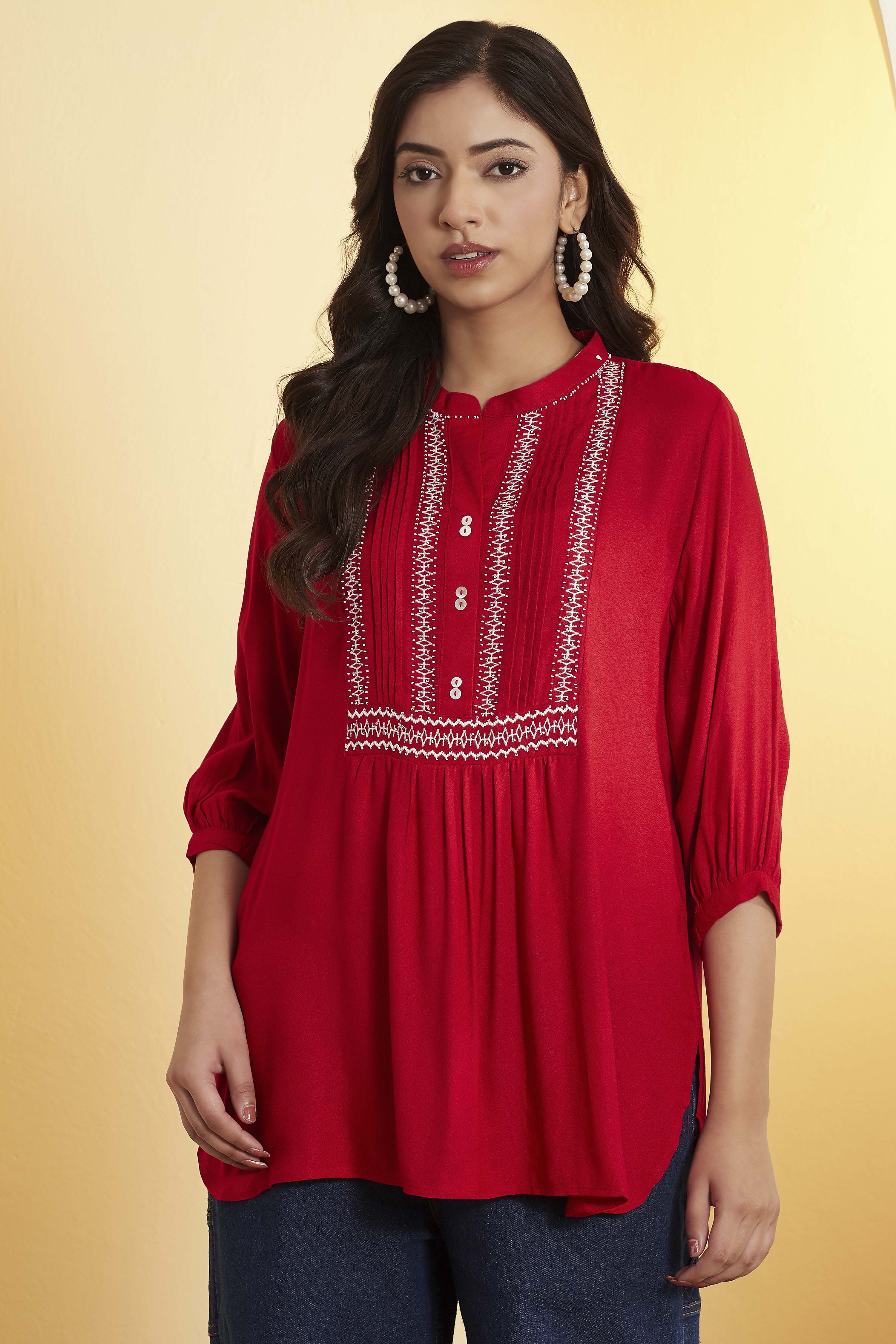 Red Viscose Rayon Embroidered Straight Kurti image number 5
