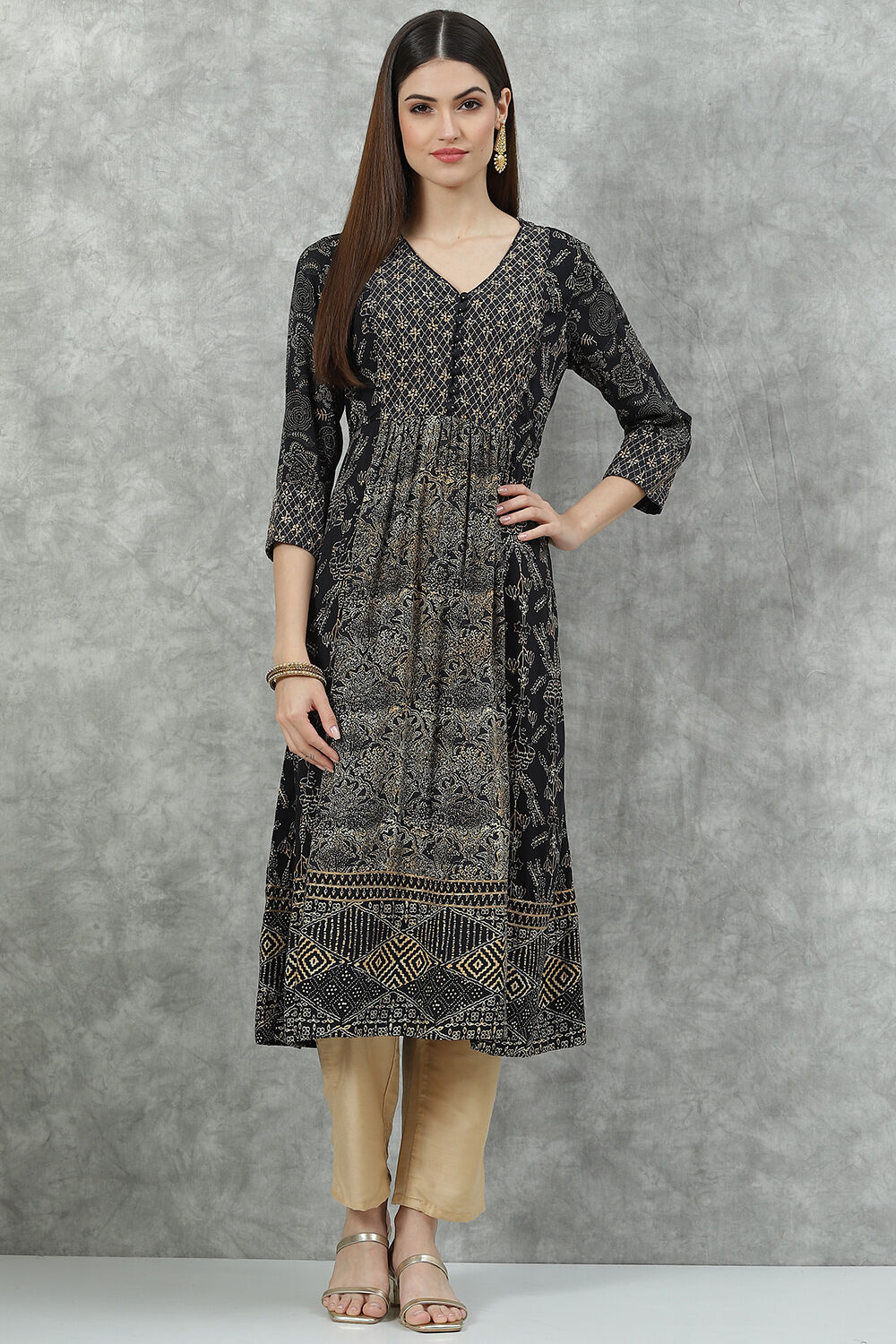 Black Rayon Flared Printed Kurta image number 5